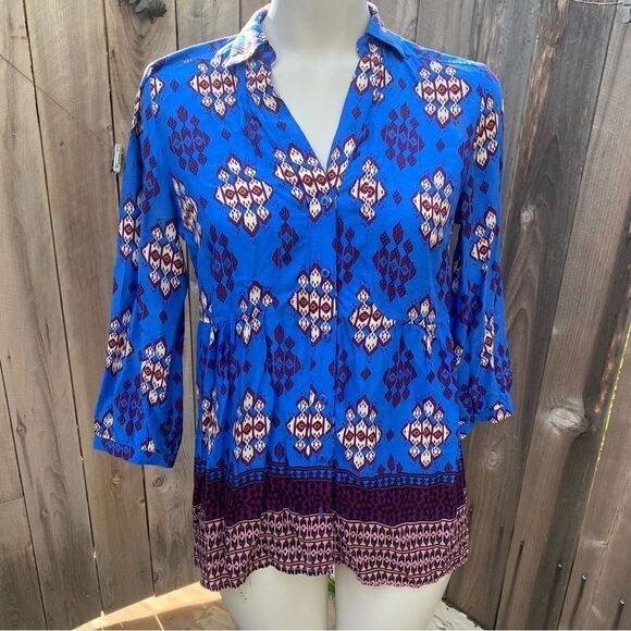 Maeve Anthropologie Woodland Walk Blue Burgundy Tribal Patterned Top Womens Sz 4 - Picture 6 of 6